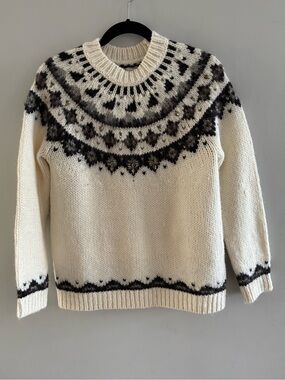 LOFT Women’s Petite Large Fair Isle Ivory Wool Blend Sweater Ski Apres Classic